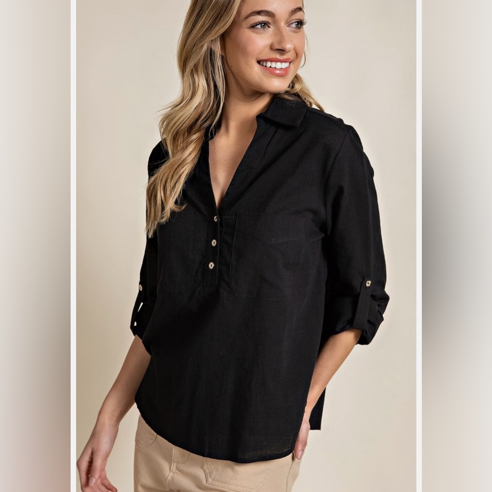 ee:Some 3/4 Sleeve Button Down Top Black Sz L